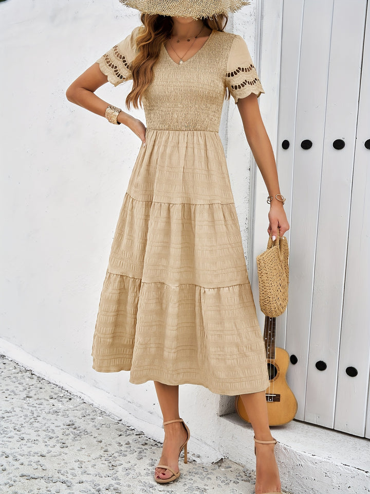 Cristina® | Elegant A-Line Short-Sleeved Lace Maxi Dress — Beige