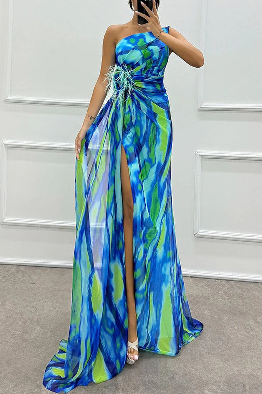 Renee® | Amazing Views off shoulder pleated slit maxi dress with feather rose detail in watercolor print