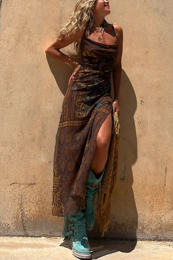 Griselda® | Midi dress with a unique gypsy style print, cowl neckline at the back, lace-up fastening and slit