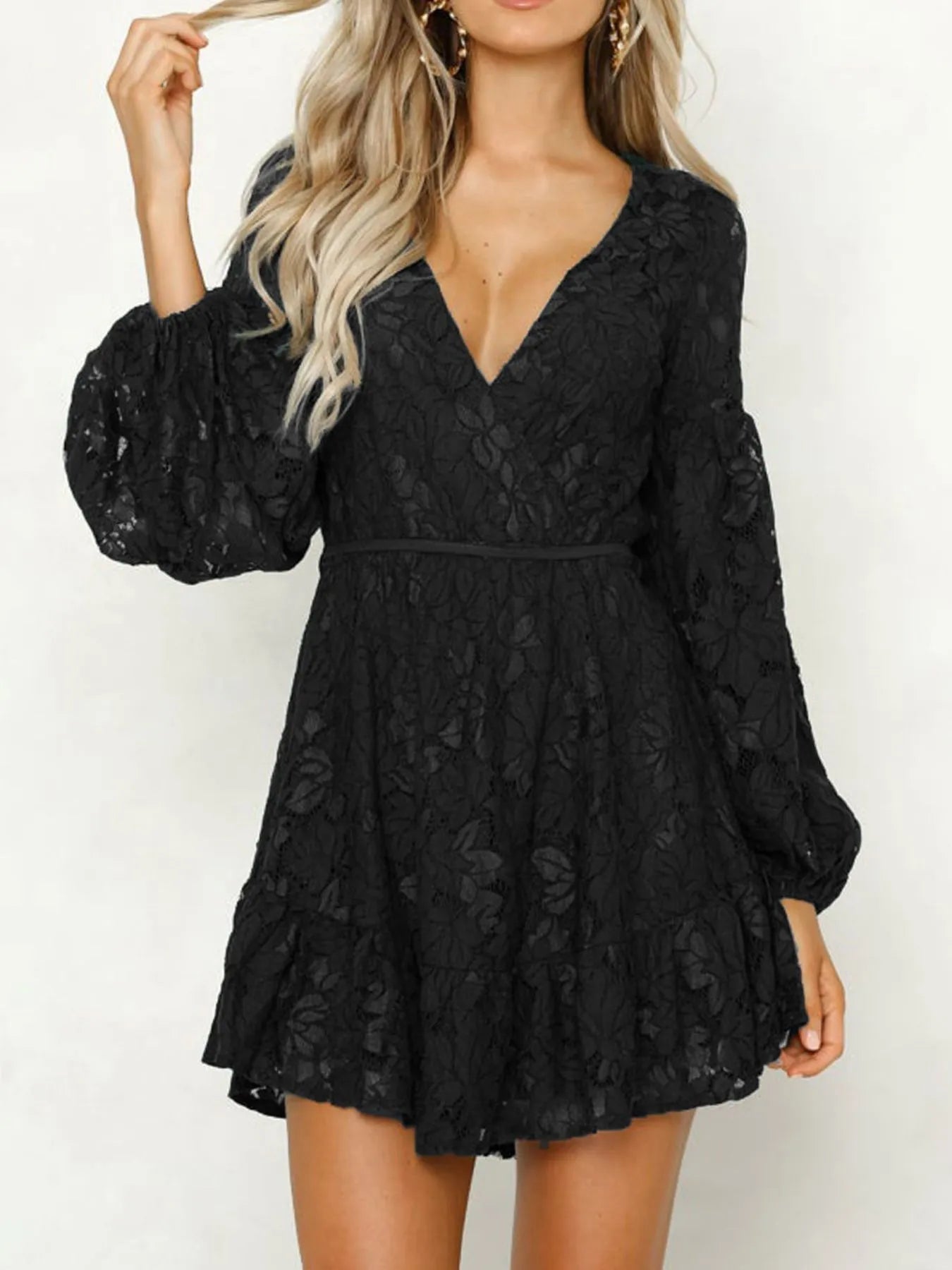 Petra® | Chic Long-Sleeved Lace Mini Dress With Deep V-Neckline
