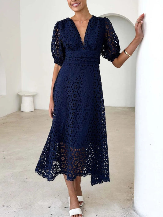 Serena® | Elegant V-Neck Lace Midi Dress With Puff Sleeves