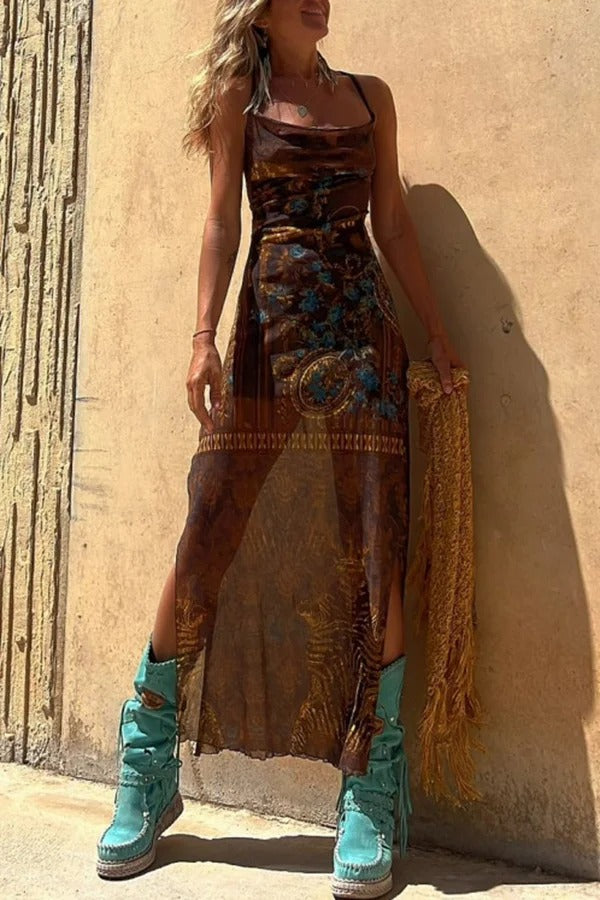 Griselda® | Midi dress with a unique gypsy style print, cowl neckline at the back, lace-up fastening and slit