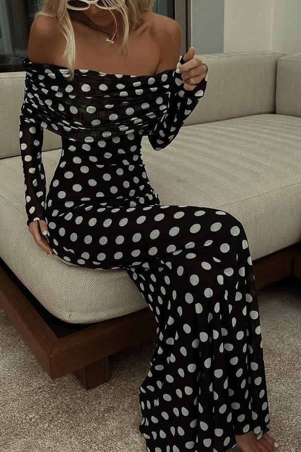 Hazel® | Chic off-the-shoulder ruched stretch maxi dress with polka dot print