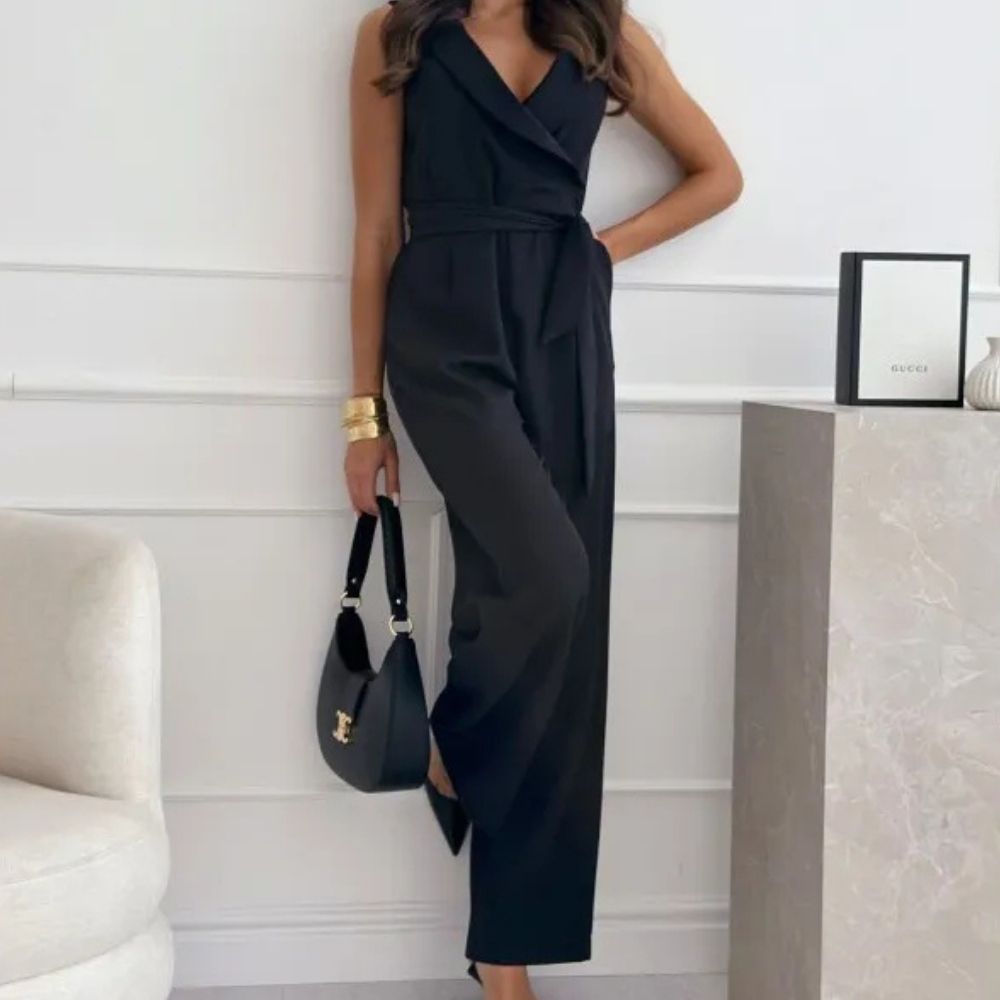 Grace Summer V-Neck Belted Sleeveless Jumpsuit