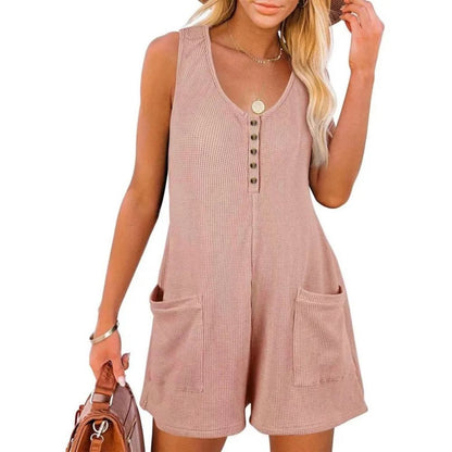 Casual Waffle Button Shorts Jumpsuit with Pockets