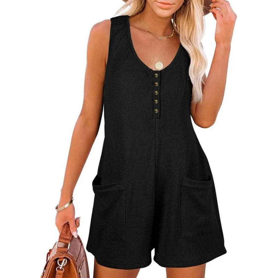 Casual Waffle Button Shorts Jumpsuit with Pockets