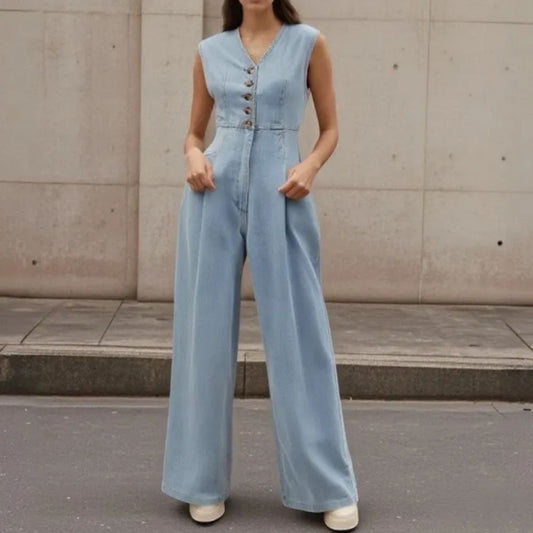 Ruby V-Neck Double-Breasted Wide Leg Denim Jumpsuit
