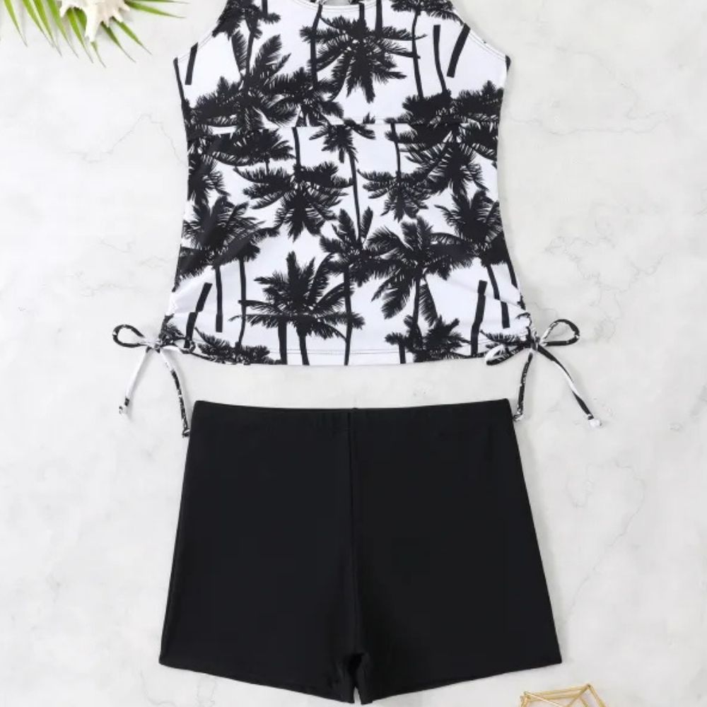 Julia | Women’s Palm Tree Printed Tankini – Two-Piece Boxer Swimsuit